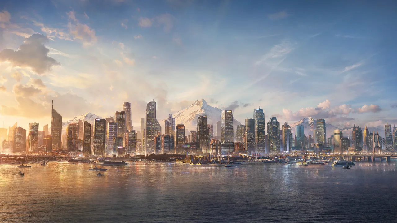A dense city skyline on a waterfront under a pale sunset sky, with mountains behind