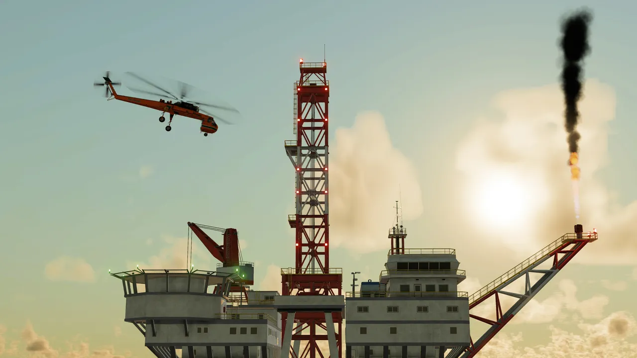 An orange heavy-lift helicopter beside an offshore drilling rig with a flare stack