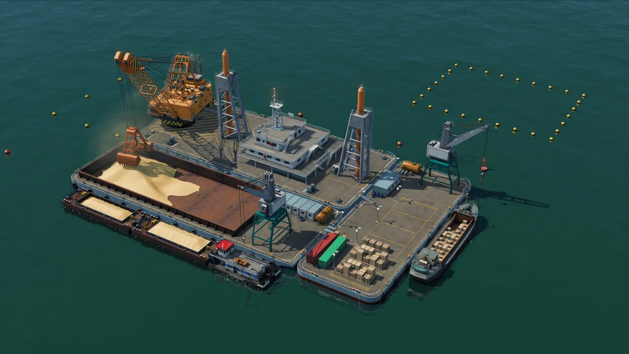 A floating industrial platform with a large crane and cargo containers moored on open green water