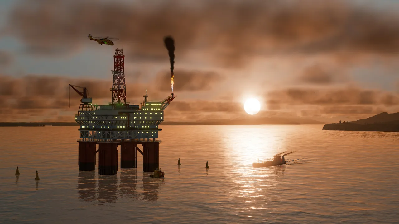 An offshore oil platform with a flare burning, silhouetted against a low sun over the sea, a helicopter nearby