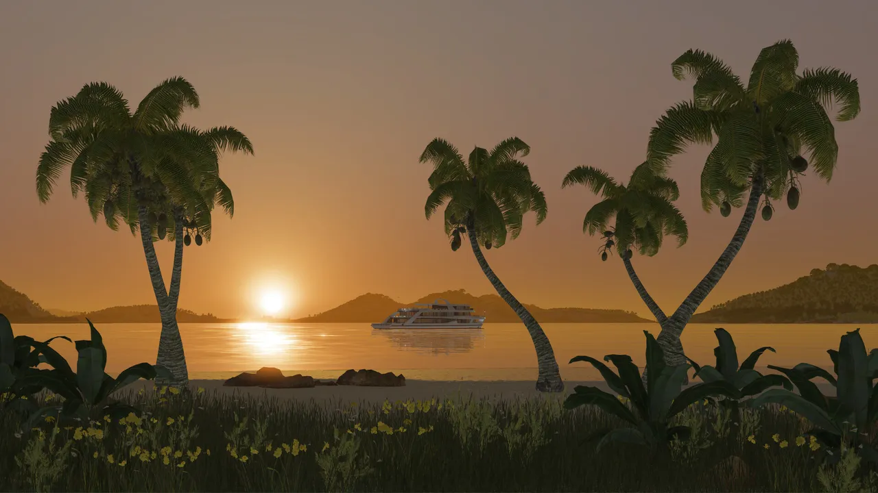 Palm trees framing a low orange sun over calm water, a white ship on the horizon