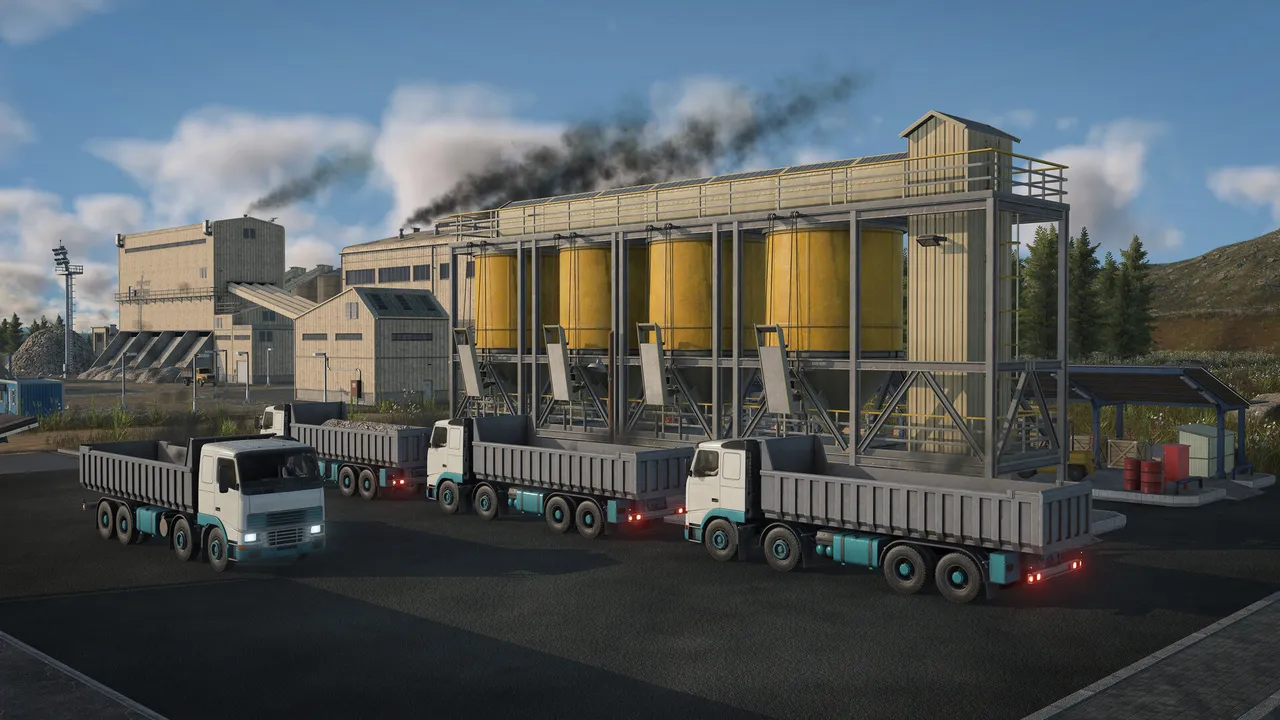 Three dump trucks lined up at a plant with yellow silos and a smoking chimney